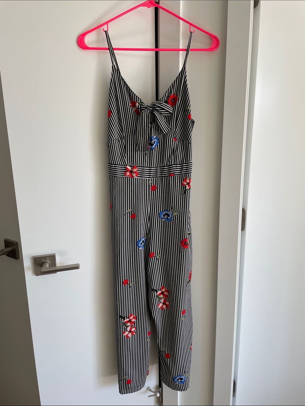 Japna Black & White Striped Strapless Floral Jumpsuit with Red & Blue Accents